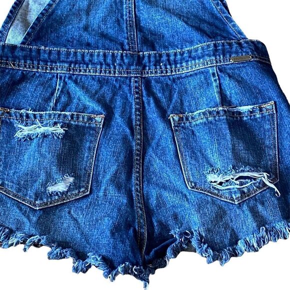KanCan Sz Sm Estilo Dark Distressed Frayed Hem Denim Adjustable Overall Shorts - Picture 5 of 6